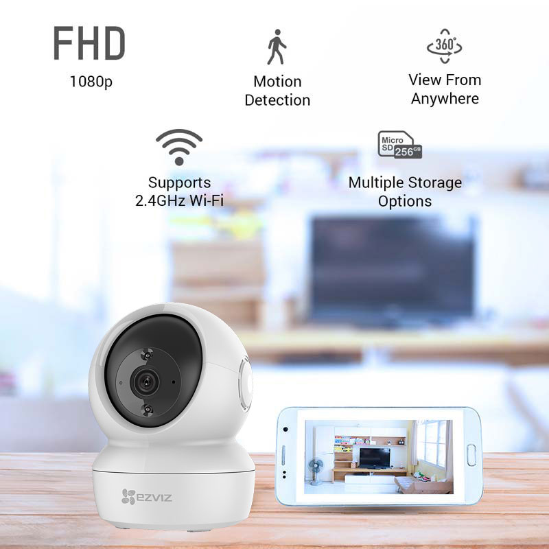 Caméra d'intérieur pour domicile intelligent panoramique et inclinable  ronde 2K filaire ou sans fil blanc électrique H6C Pro EZViz, 1 pièce, Communication, sécurité et accès